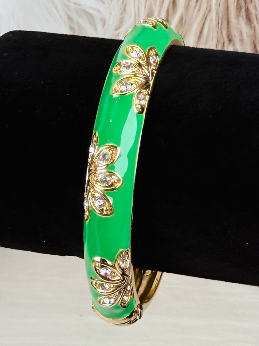 Green Enamel Hinged Bangle Bracelet Gold Tone Clear Accent Floral Design